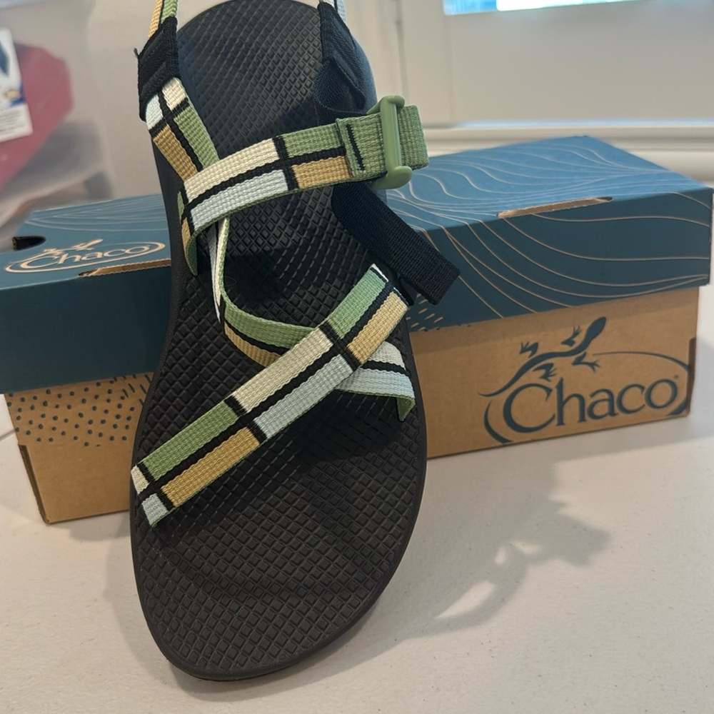 Chaco sandals black w green yellow white blue and white size 10 never worn